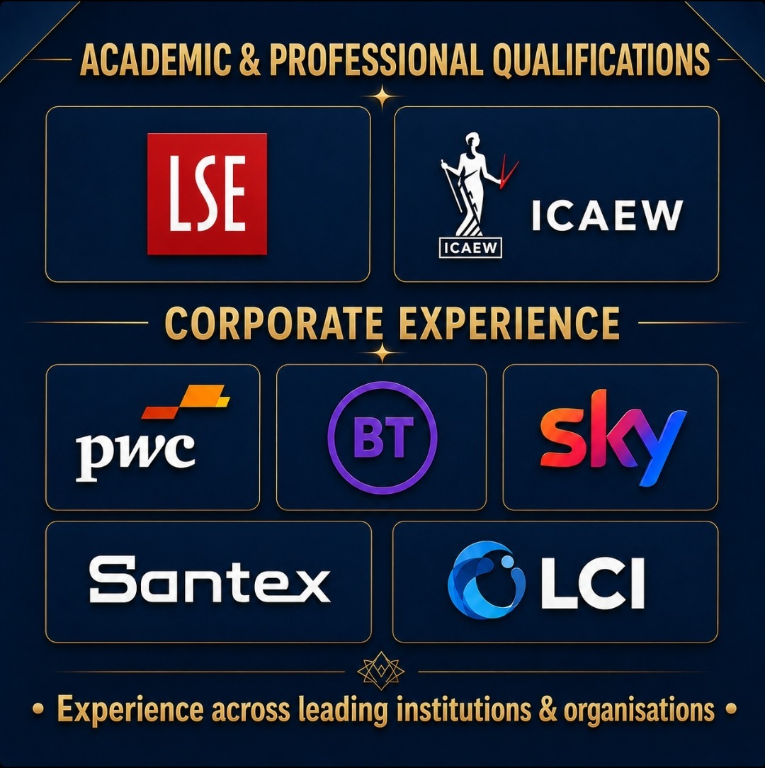 Academic and professional qualifications: London School of Economics (LSE) and ICAEW (FCA, Chartered Accountant). Corporate experience: PwC UK, British Telecom, Sky UK, Santex, and ICI Pakistan / Lucky Core Industries.